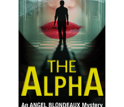 Cover Picture of E.J. Findorff's book The Alpha. The top half of the cover is a large translucent part of a woman's face - red lipstick on her lips, gauze over her eyes. It also includes a hazy picture of a hallway. There's a full-body shadow of man standing on the hall's checkered tile.
