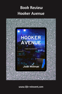 Graphic shows the book cover for Hooker Avenue in a sparkly silver frame on a black background. The graphic is titled Book Review Hooker Avenue and includes the website URL at the bottom.