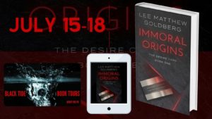 Promotional poster for Immoral Origins book your July 15-18, 2022. The banner includes the book standing up and a mobile device displaying the cover.